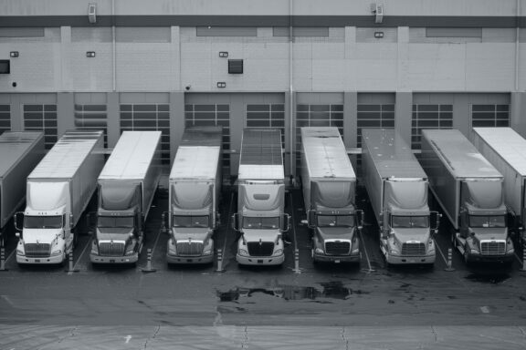 Fleet of freight trucks docked at a logistics warehouse for distribution operations